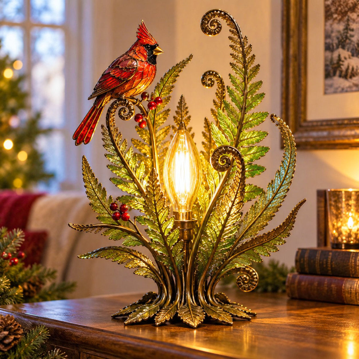🐦Cardinal Garden Glow Lamp for Vintage Bird & Botanical Home Decor 🌿