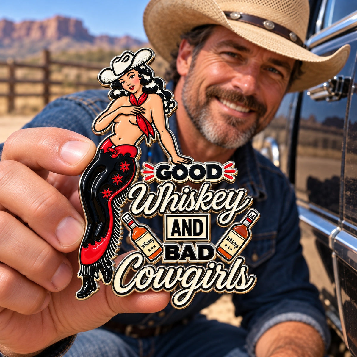🤠🐎 “Good Whiskey and Bad Cowgirls” Vintage Western Cowgirl Metal Car Emblem